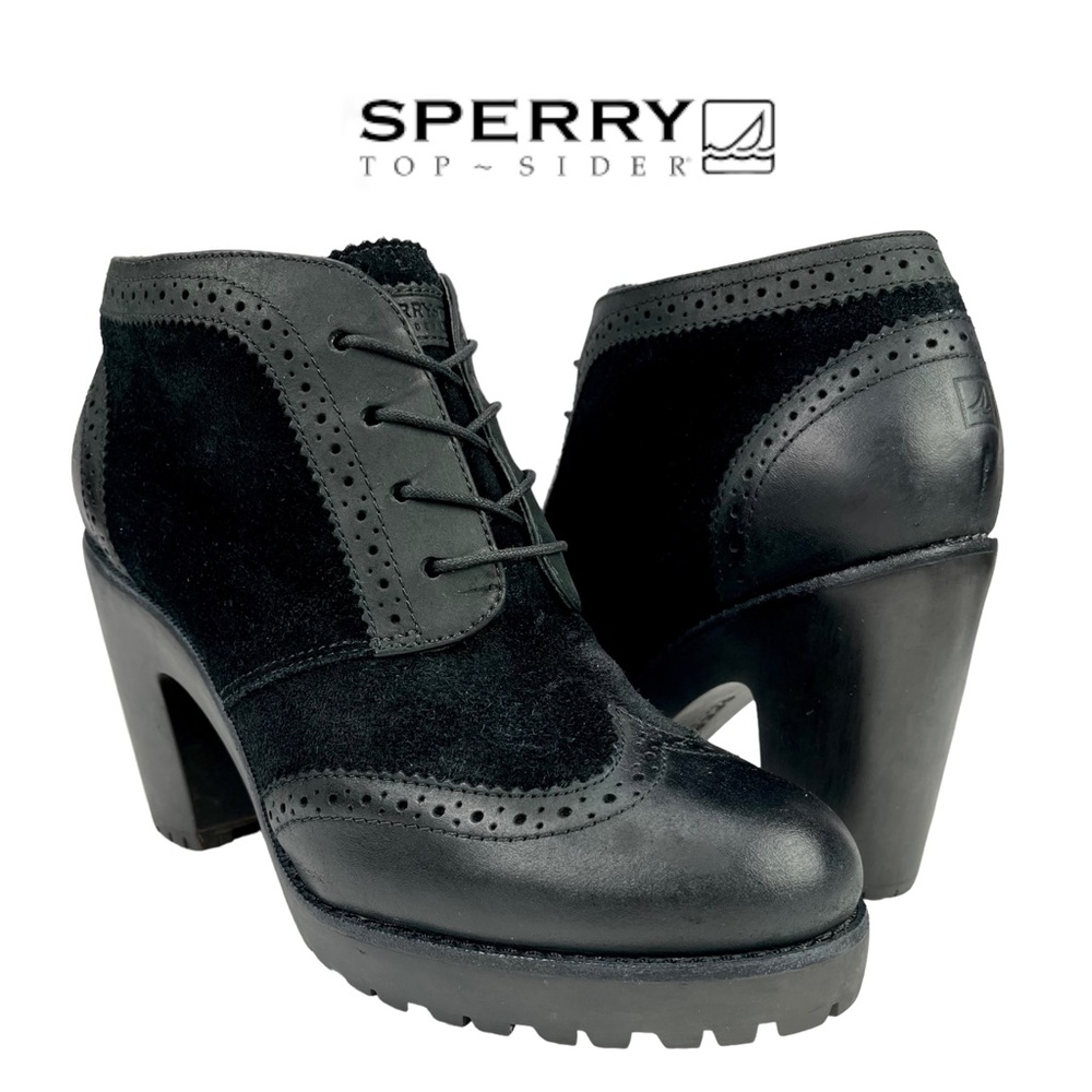 Sperry Top Sider Women’s 8 Black Suede‎ Leather Wingtip Heeled Oxfords